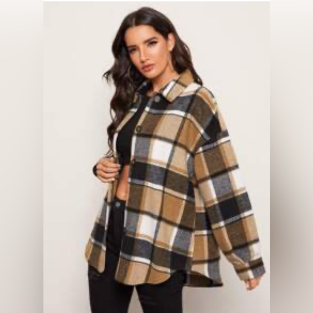 SHEIN Black and Tan Plaid Button-Down Shirt
